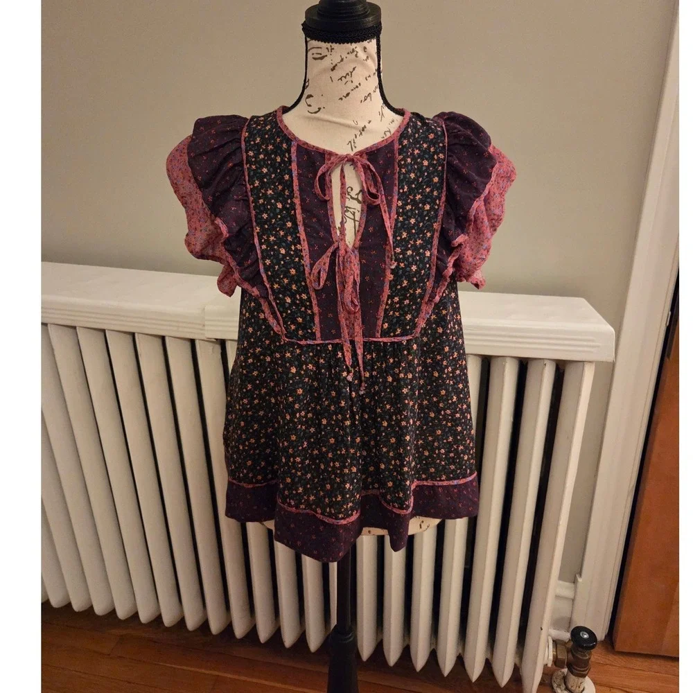 Ulla Johnson Cora Top Auburn Palette Mixed Floral Ruffle Puff Sleeve Blouse Sz 2